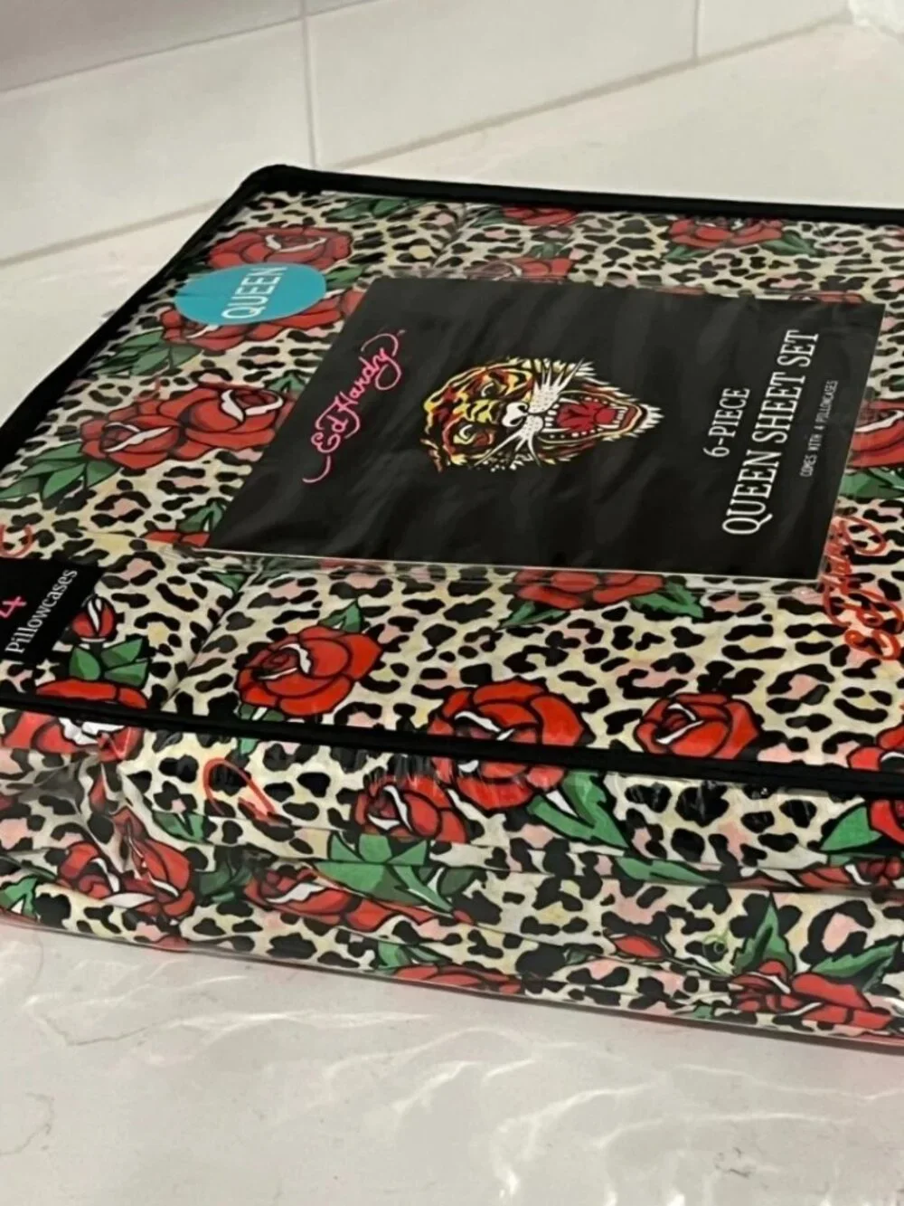 ED HARDY Queen Sheet Set 6pc New Flowers Roses Leopard Cheetah Tattoo Grunge Y2K